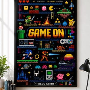 May include: A framed vertical poster with a black background featuring a colourful pixel art collage of various classic video game characters, items, and consoles. The text GAME ON is centred in large yellow letters, with PRESS START at the bottom.
