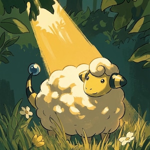 May include: A digital illustration of a fluffy, cream-coloured sheep-like creature with a yellow face, black ears, and a striped tail ending in a blue sphere. It stands in a grassy field with small white and yellow flowers under a beam of light.