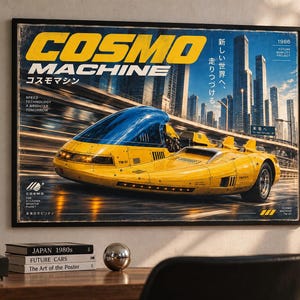 May include: A framed poster titled COSMO MACHINE featuring a yellow futuristic vehicle with a blue canopy driving through a city. The text includes 1986, FUTURE MOBILITY PROJECT, and Japanese characters. The design has a vintage, weathered aesthetic.