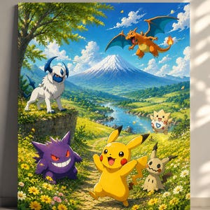 Può includere: Una vivace stampa artistica da parete che raffigura un paesaggio con una montagna innevata, un fiume e un prato verde pieno di fiori gialli. Sono presenti diverse creature animate tra cui un topo giallo, un mostro viola e un drago arancione.