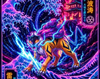 Giratina Neon-Kunstdruck im japanischen Stil, Cyberpunk-Anime-Wandbild, Dekoration für Gamerzimmer
