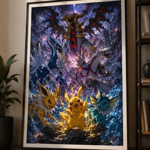 Può includere: Una stampa artistica incorniciata che presenta un'illustrazione dinamica di vari personaggi Pokémon, tra cui Pikachu, Jolteon, Vaporeon, Dialga, Palkia e Giratina. La scena è ambientata su uno sfondo scuro e tempestoso con fulmini viola e blu.