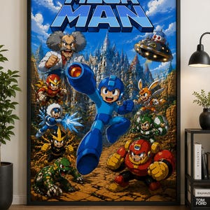 May include: A framed vertical poster featuring the Mega Man video game title in bold blue letters at the top. The artwork displays the central blue robot character with a cannon arm surrounded by various colorful robotic enemies and a scientist.