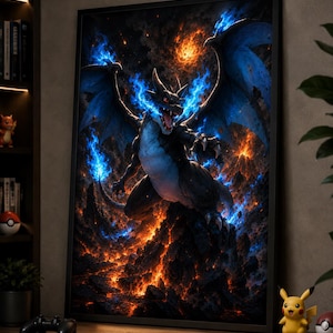 May include: A framed vertical wall art print featuring a dark, winged dragon creature with glowing blue flames emanating from its mouth and wings, standing atop a jagged, volcanic landscape with flowing orange lava and a dark, smoky sky.