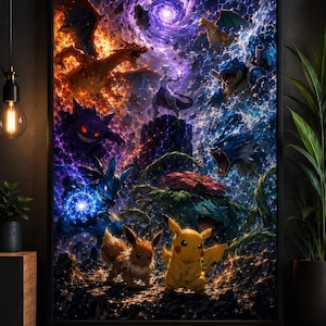 May include: A rectangular framed wall art print featuring a dynamic battle scene with multiple colorful creatures including a yellow electric mouse, a brown fox-like creature, a purple ghost, a blue water turtle, and a central psychic entity.
