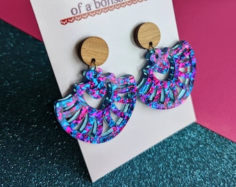 Peacock Fan dangly stud statement earrings, Tasmanian oak wood, blue and purple glitter acrylic, laser cut jewellery