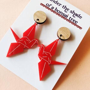 Red Origami Crane dangly statement earrings with Tasmanian Oak timber studs image 1