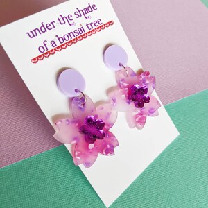 Sakura Pop Cherry Blossom dangly statement earrings Lilac, Pink and Purple Mirror image 2