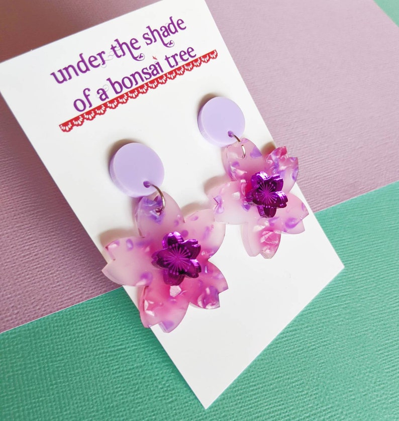 Sakura Pop Cherry Blossom dangly statement earrings Lilac, Pink and Purple Mirror image 2