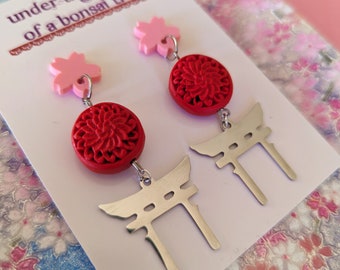 Silver Toji Gate, Red Rising Sun & Pink Sakura Earrings