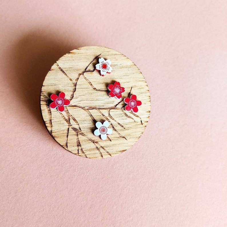 Wooden Red and White Cherry Blossom Brooch  Tasmanian oak image 1