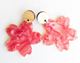 Cherry Blossom dangly statement earrings with Tasmanian Oak timber studs