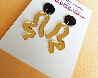 Ramen Noodle Statement Earrings with Gold Mirror and Black
