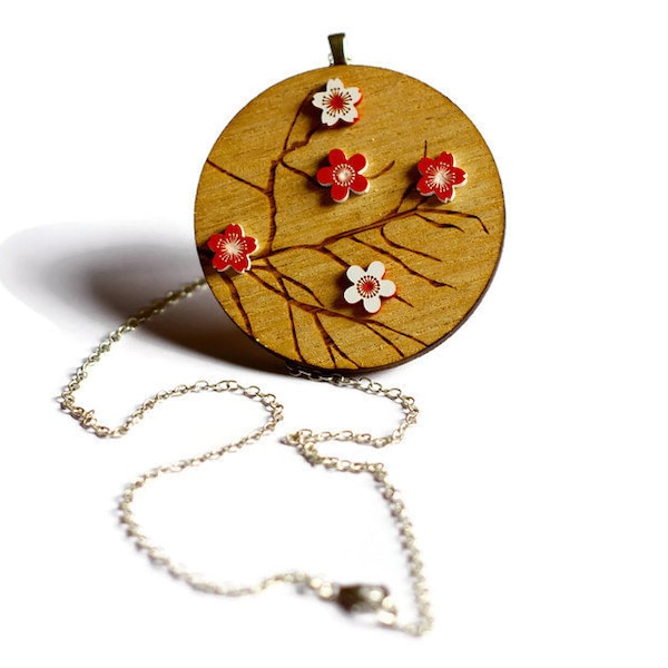 Wooden Red and White Cherry Blossom Necklace - laser cut Tasmanian oak timber wood and acrylic Japanese style floral and tree pendant