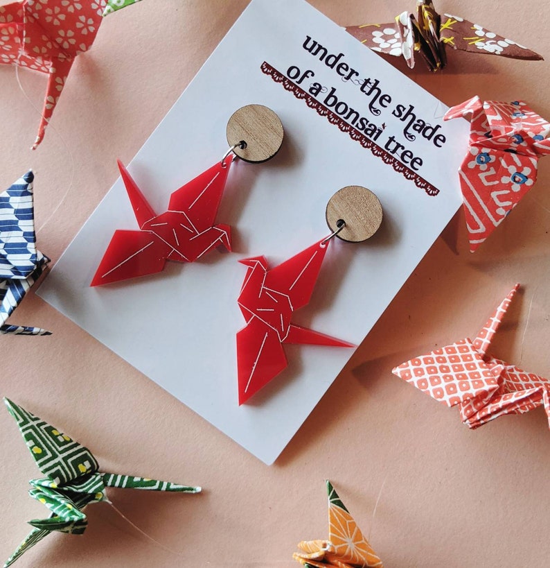 Red Origami Crane dangly statement earrings with Tasmanian Oak timber studs image 3