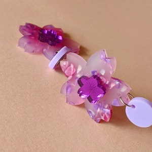Sakura Pop Cherry Blossom dangly statement earrings Lilac, Pink and Purple Mirror image 3