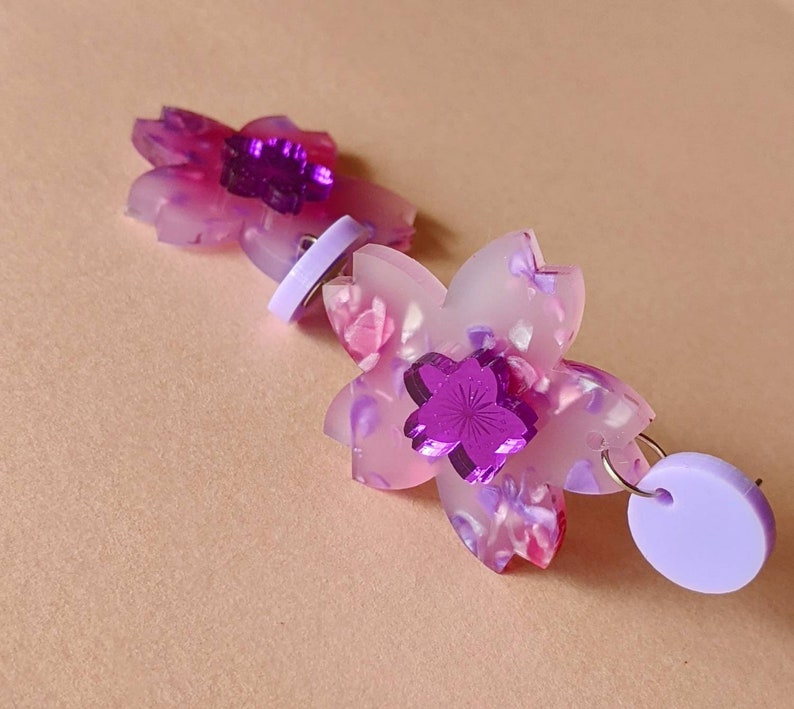 Sakura Pop Cherry Blossom dangly statement earrings Lilac, Pink and Purple Mirror image 3