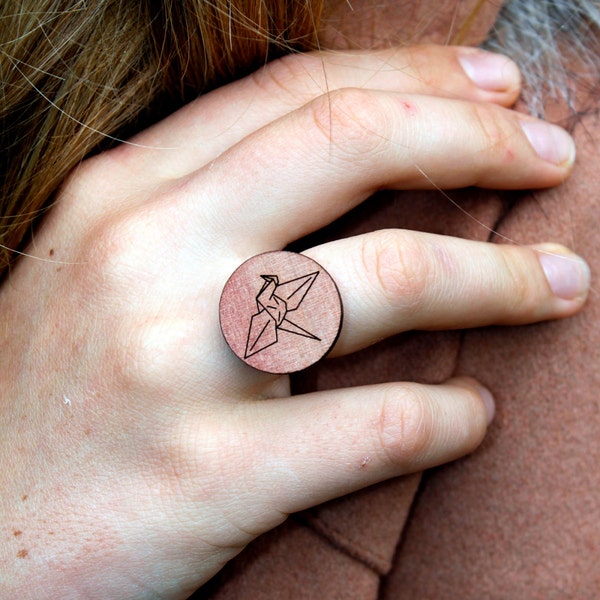 Origami Crane Ring - Tasmanian Myrtle Timber Wood, Japanese Paper Crane Laser cut Design, silver adjustable