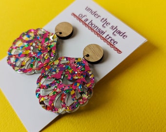 Vibrant kaleidoscope frill earrings, lasercut  Tasmanian blackwood and colourful glittery acrylic