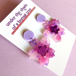 Sakura Pop Cherry Blossom dangly statement earrings Lilac, Pink and Purple Mirror image 5