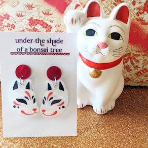 Kitsune Japanese fox statement earrings, red and white marble laser cut acrylic, dangly studs image 9