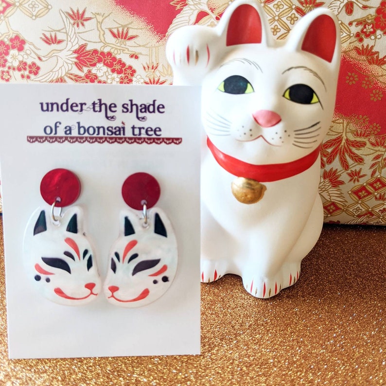 Kitsune Japanese fox statement earrings, red and white marble laser cut acrylic, dangly studs image 9