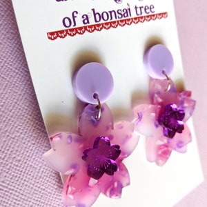 Sakura Pop Cherry Blossom dangly statement earrings Lilac, Pink and Purple Mirror image 7