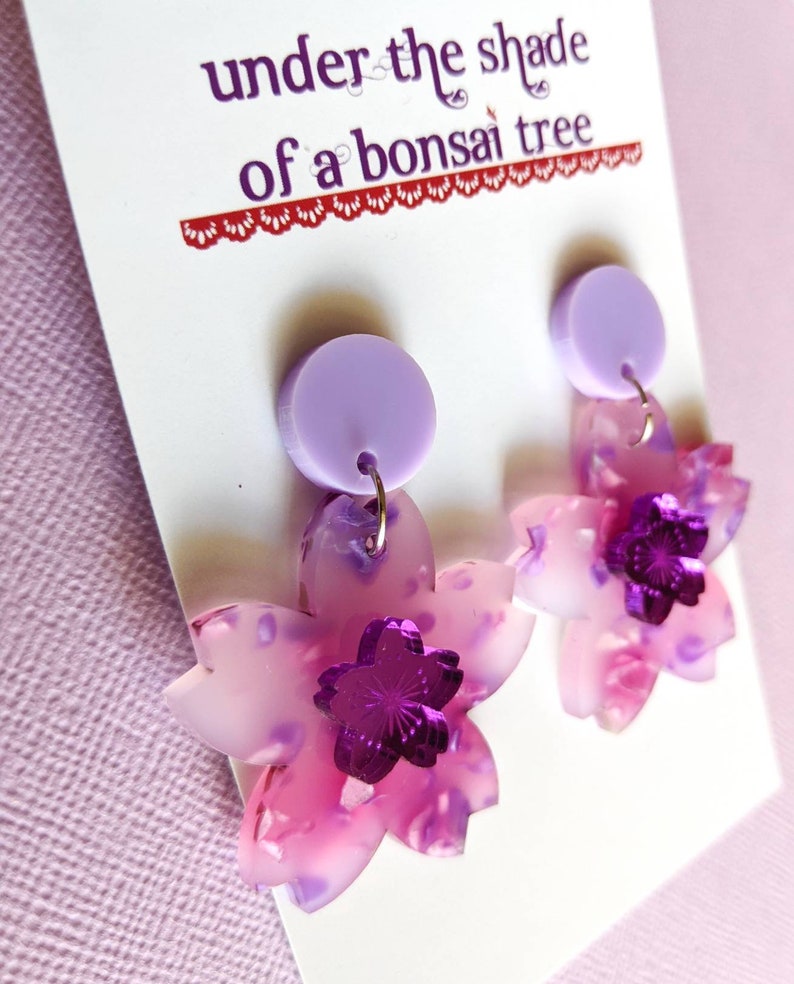Sakura Pop Cherry Blossom dangly statement earrings Lilac, Pink and Purple Mirror image 7