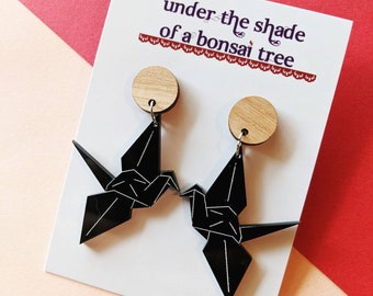 Black Origami Crane dangly statement earrings with Tasmanian Oak timber studs