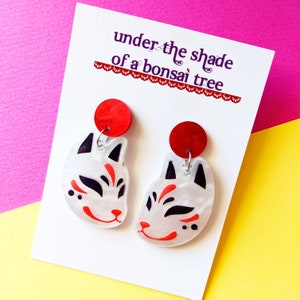 Kitsune Japanese fox statement earrings, red and white marble laser cut acrylic, dangly studs image 6