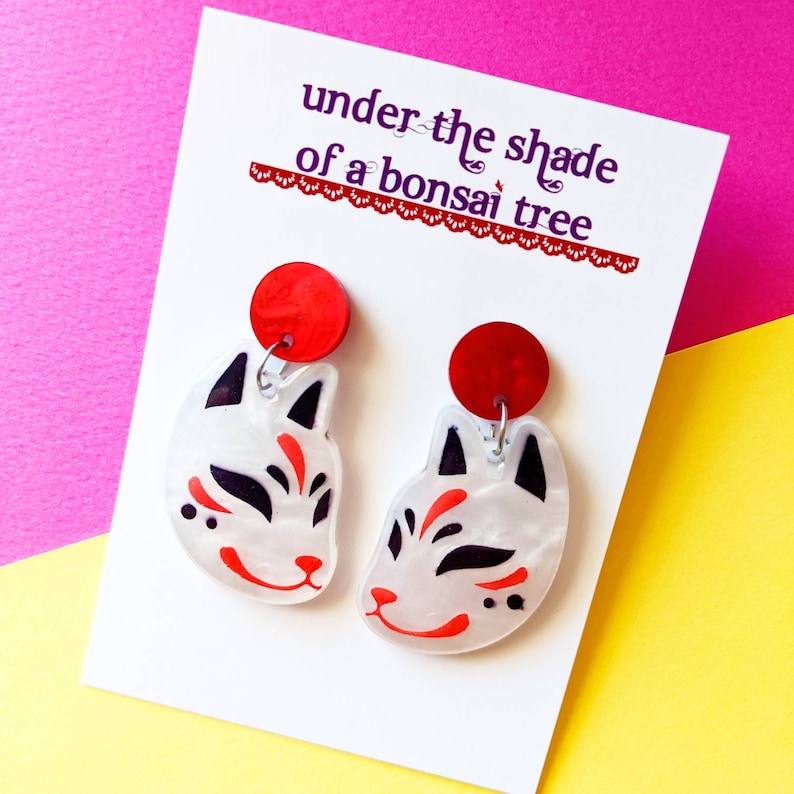 Kitsune Japanese fox statement earrings, red and white marble laser cut acrylic, dangly studs image 6