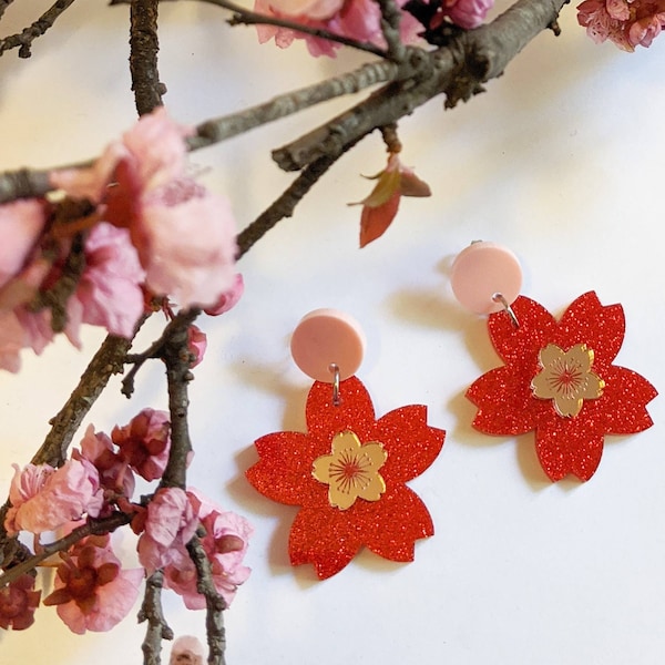 Sakura Pop Cherry Blossom dangly statement earrings - Red, Pink and Rose Gold Mirror