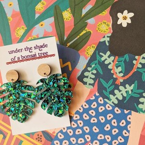 Clearance - HALF PRICE! Emerald Green and Black Tropical Monstera Leaf Statement Earrings with Tasmanian Oak