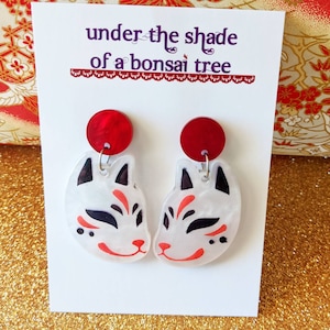 Kitsune Japanese fox statement earrings, red and white marble laser cut acrylic, dangly studs image 7
