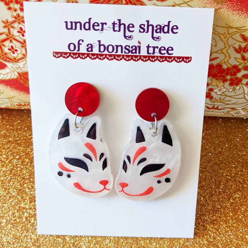 Kitsune Japanese fox statement earrings, red and white marble laser cut acrylic, dangly studs image 7