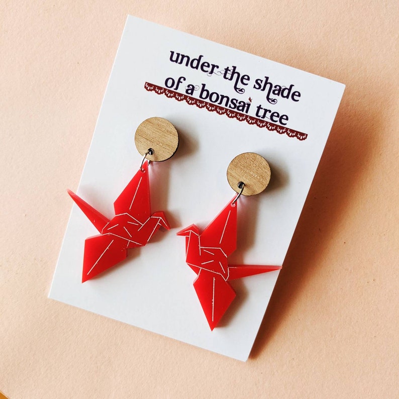 Red Origami Crane dangly statement earrings with Tasmanian Oak timber studs image 5