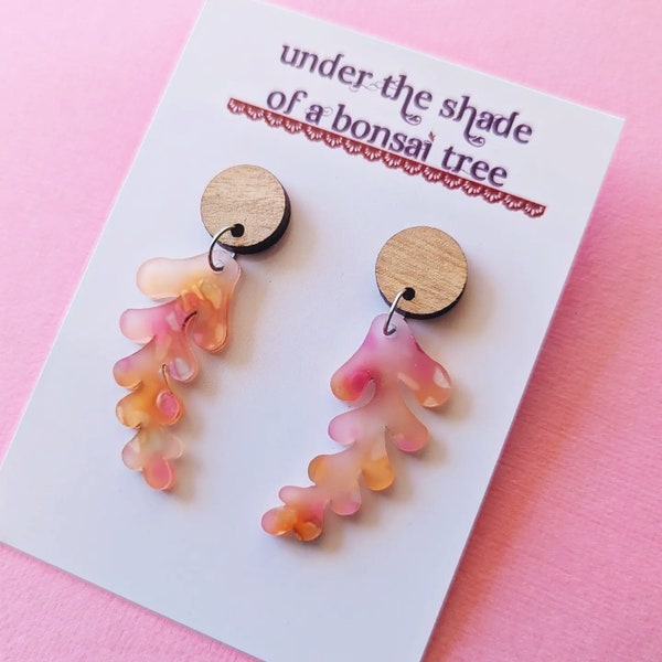 Hanami Leaf dangly statement earrings with Tasmanian Oak timber studs