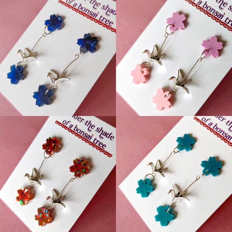 Silver Origami Crane & Sakura Earrings, 4 available colourways image 1