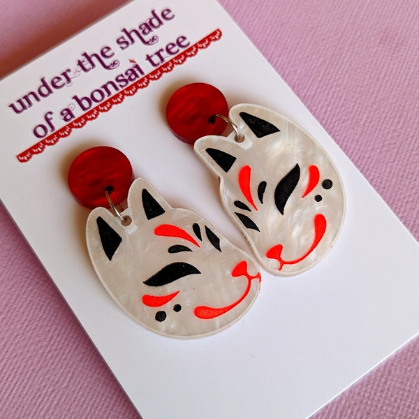 Kitsune Japanese fox statement earrings, red and white marble laser cut acrylic, dangly studs