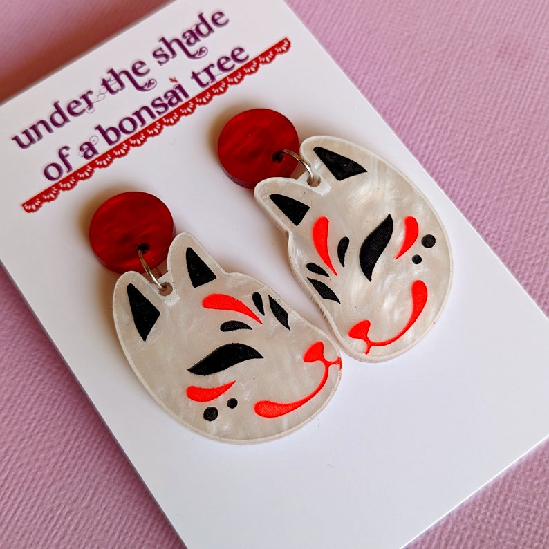 Kitsune Japanese fox statement earrings, red and white marble laser cut acrylic, dangly studs image 1