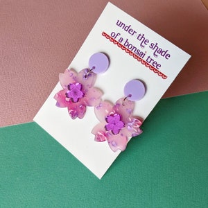 Sakura Pop Cherry Blossom dangly statement earrings Lilac, Pink and Purple Mirror image 4