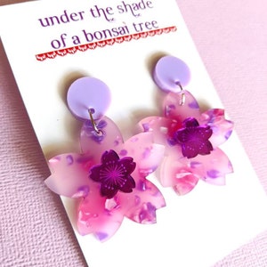 Sakura Pop Cherry Blossom dangly statement earrings Lilac, Pink and Purple Mirror image 1