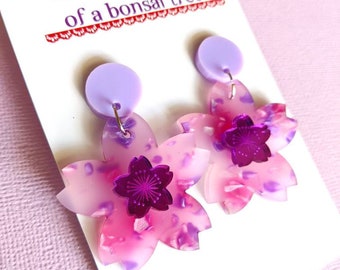 Sakura Pop Cherry Blossom dangly statement earrings - Lilac, Pink and Purple Mirror