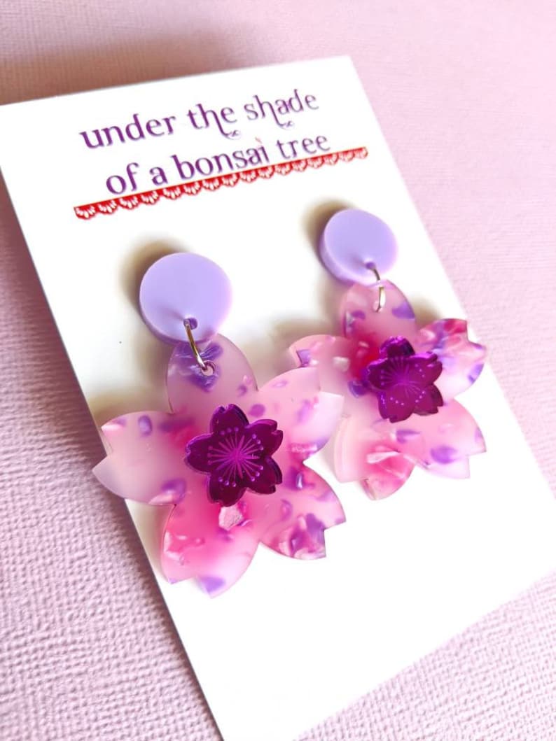 Sakura Pop Cherry Blossom dangly statement earrings Lilac, Pink and Purple Mirror image 1