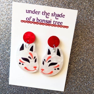Kitsune Japanese fox statement earrings, red and white marble laser cut acrylic, dangly studs image 10