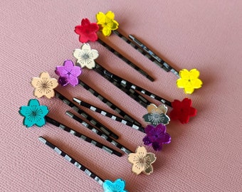 Sakura Hair Pins -2 x mirrored cherry blossom pins in teal, rose gold, yellow, red, purple and silver
