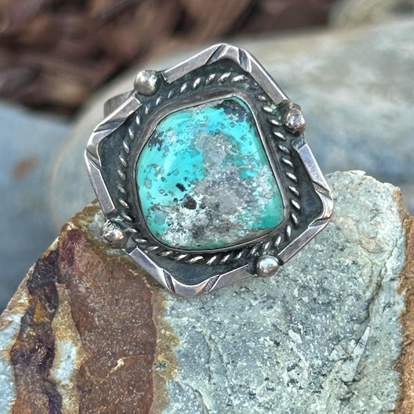 Vintage Navajo Turquoise and Sterling Silver Ring, Size 11