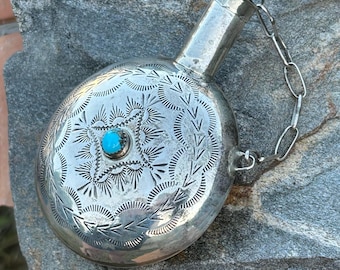 navajo tobacco canteen Vintage Navajo Stamped Sterling Silver Turquoise Canteen Flask Bottle