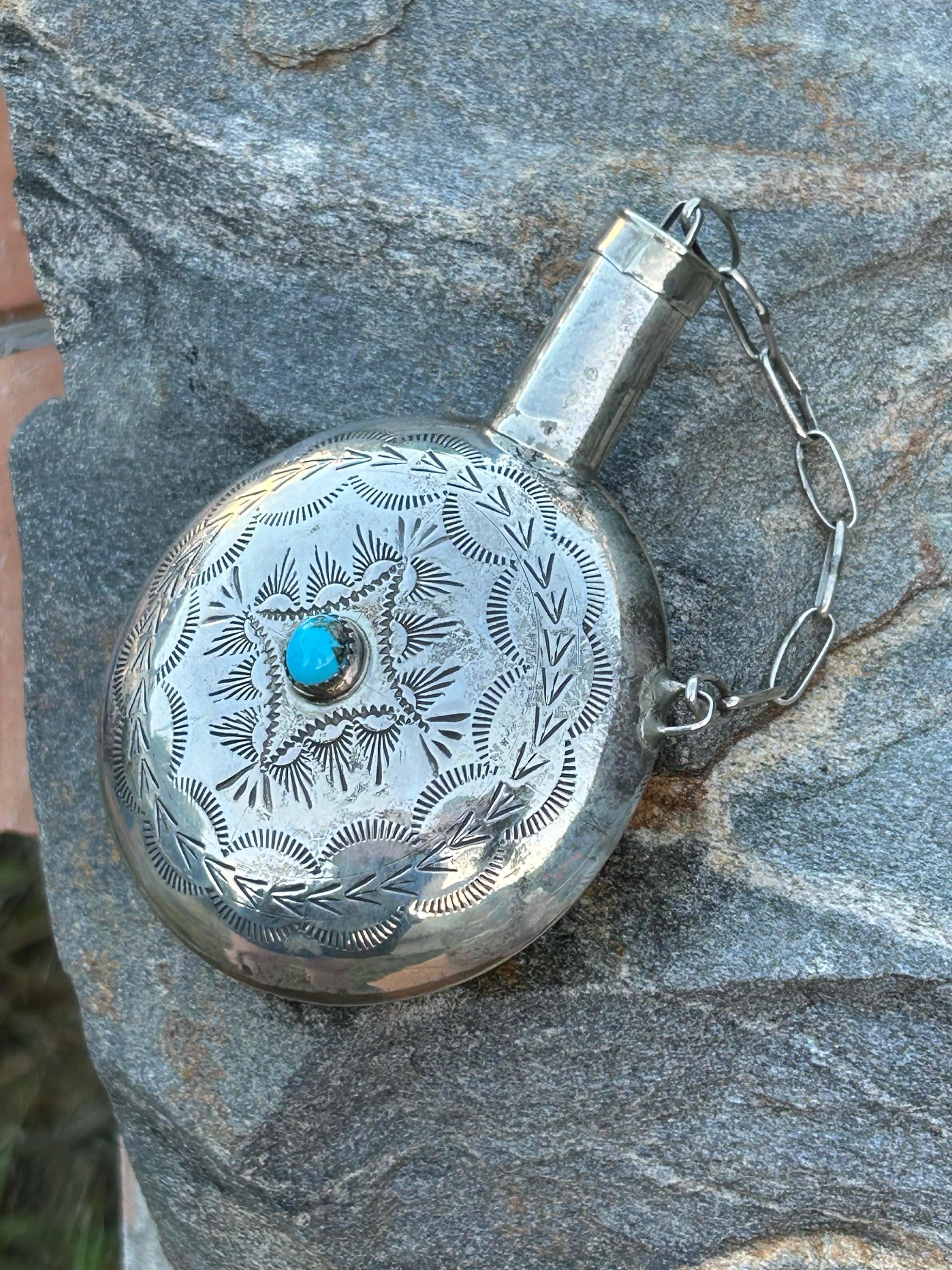 navajo tobacco canteen with a handmade silver cap and chain Lovely 1930s-40s Navajo Stamped Silver