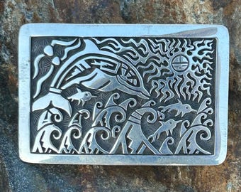 Hopi Sterling Silver Belt Buckle Ferron Joseyesva Vintage Dolphin Design